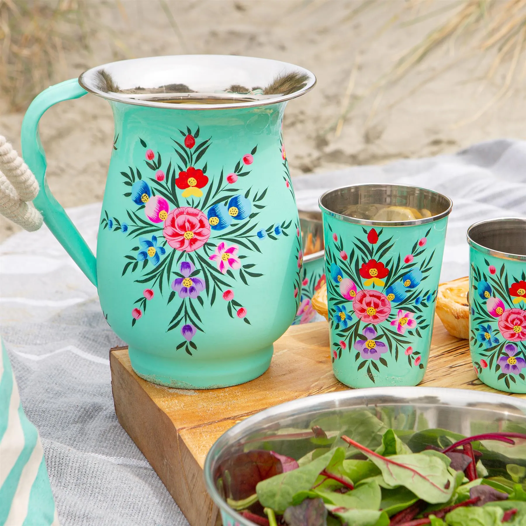 Pansy 1.7L Hand-Painted Picnic Water Jug with 300ml Tumblers Set - By BillyCan