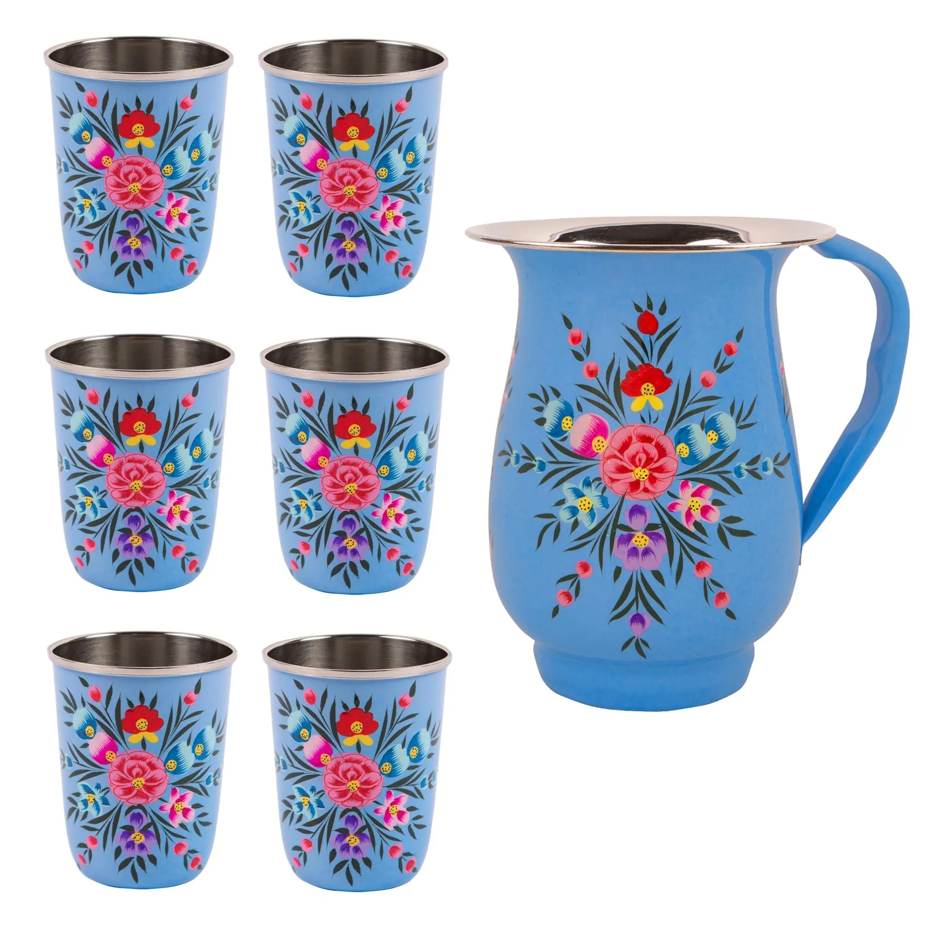 Pansy 1.7L Hand-Painted Picnic Water Jug with 300ml Tumblers Set - By BillyCan