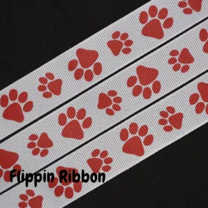 Red Paw Print Ribbon - 7/8 inch Printed Grosgrain