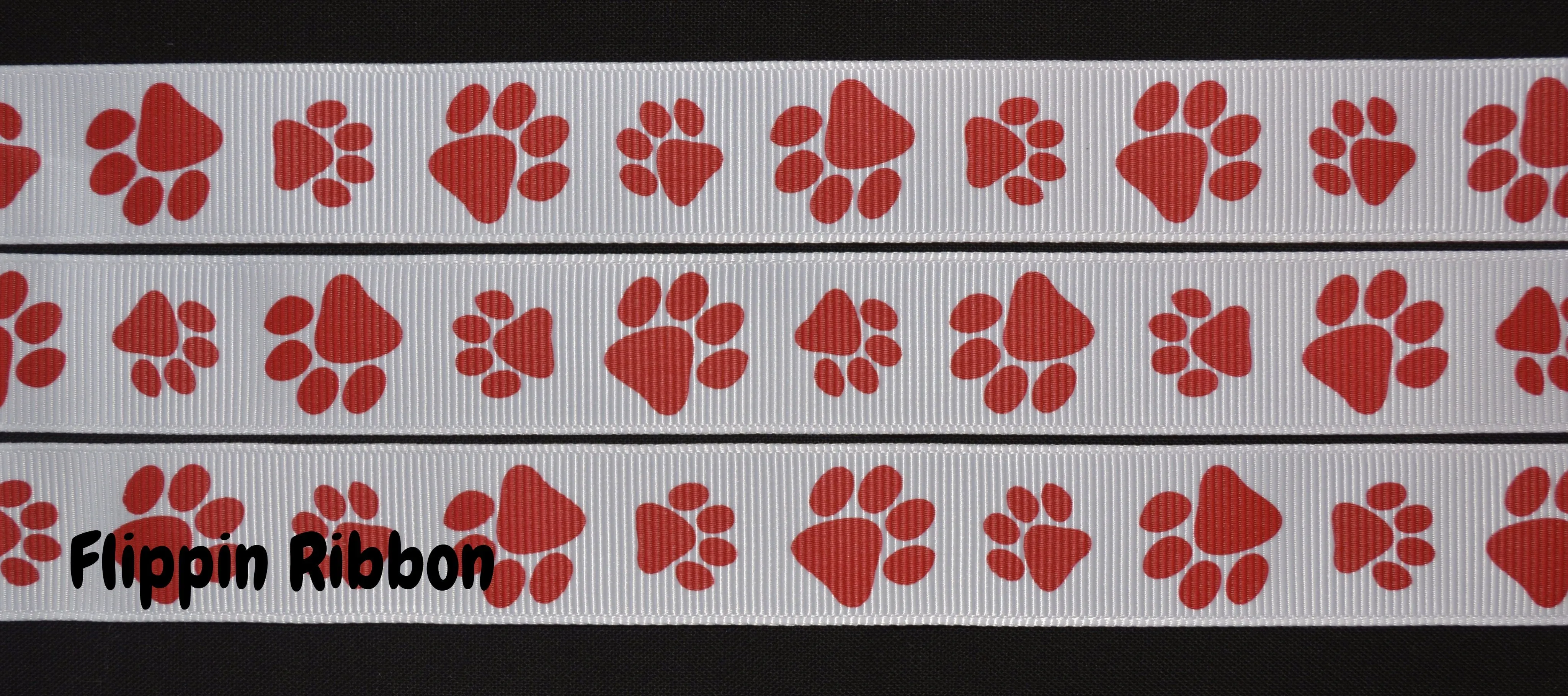 Red Paw Print Ribbon - 7/8 inch Printed Grosgrain