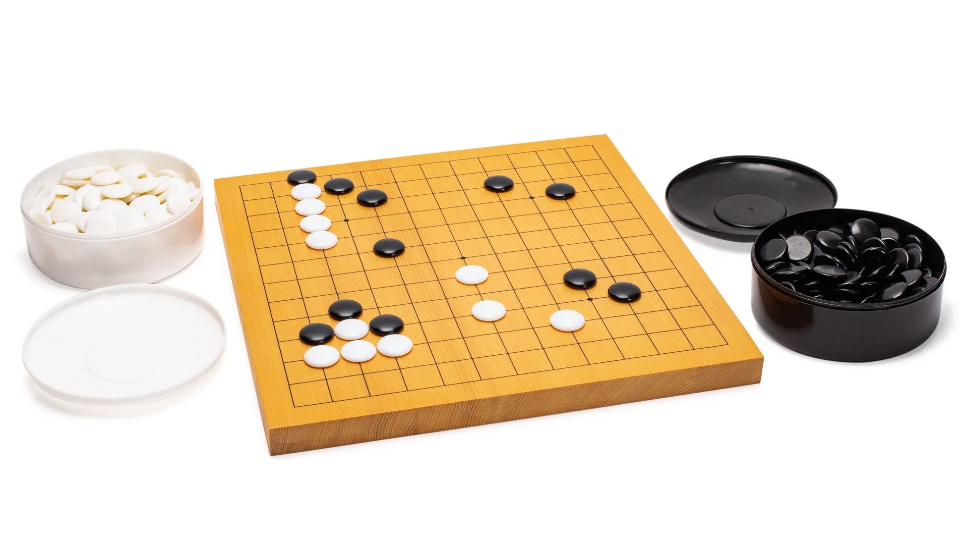 Shin Kaya Veneer 0.8-Inch Beginner's Reversible 13x13 / 9x9 Go Game Set Board with Single Convex Melamine Stones