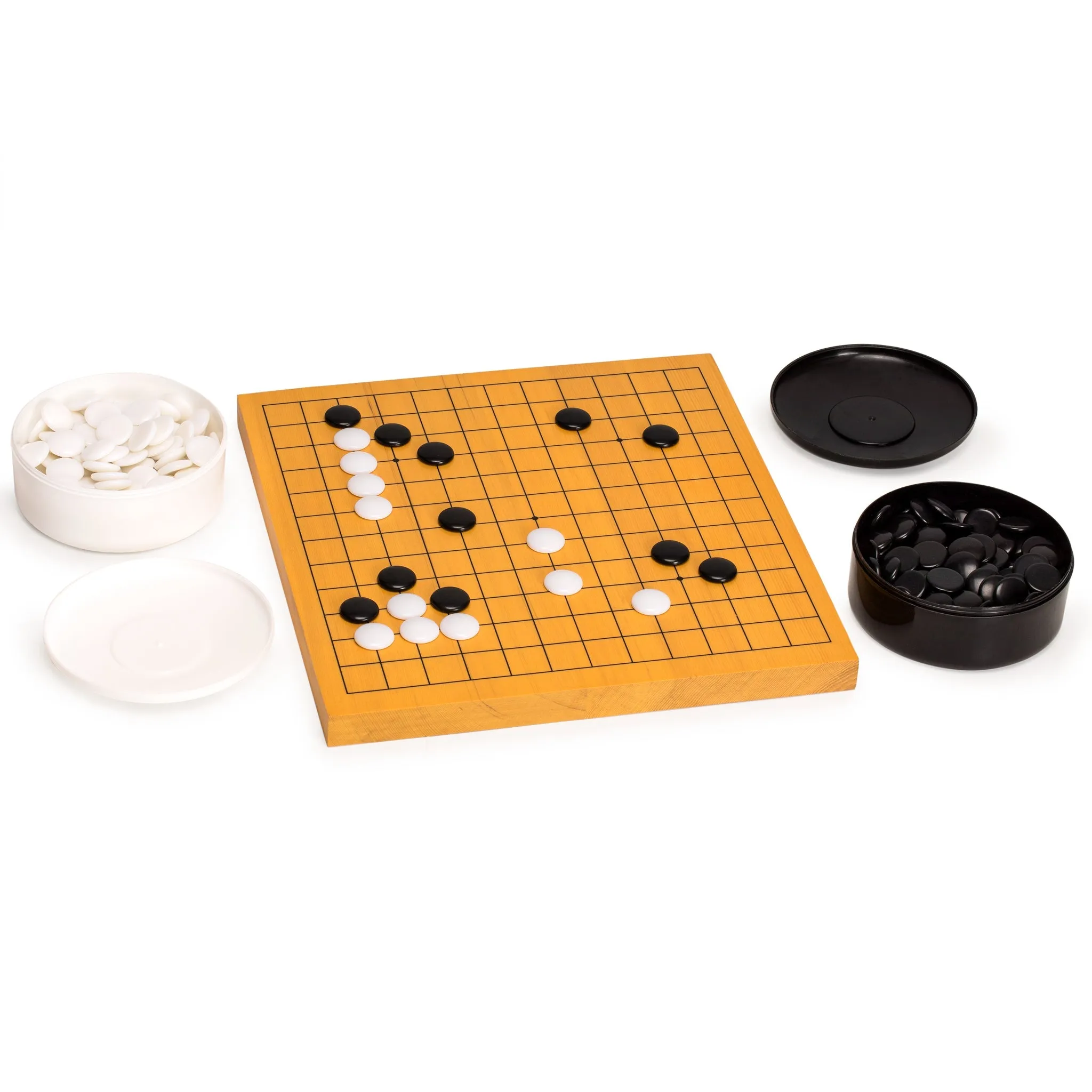 Shin Kaya Veneer 0.8-Inch Beginner's Reversible 13x13 / 9x9 Go Game Set Board with Single Convex Melamine Stones