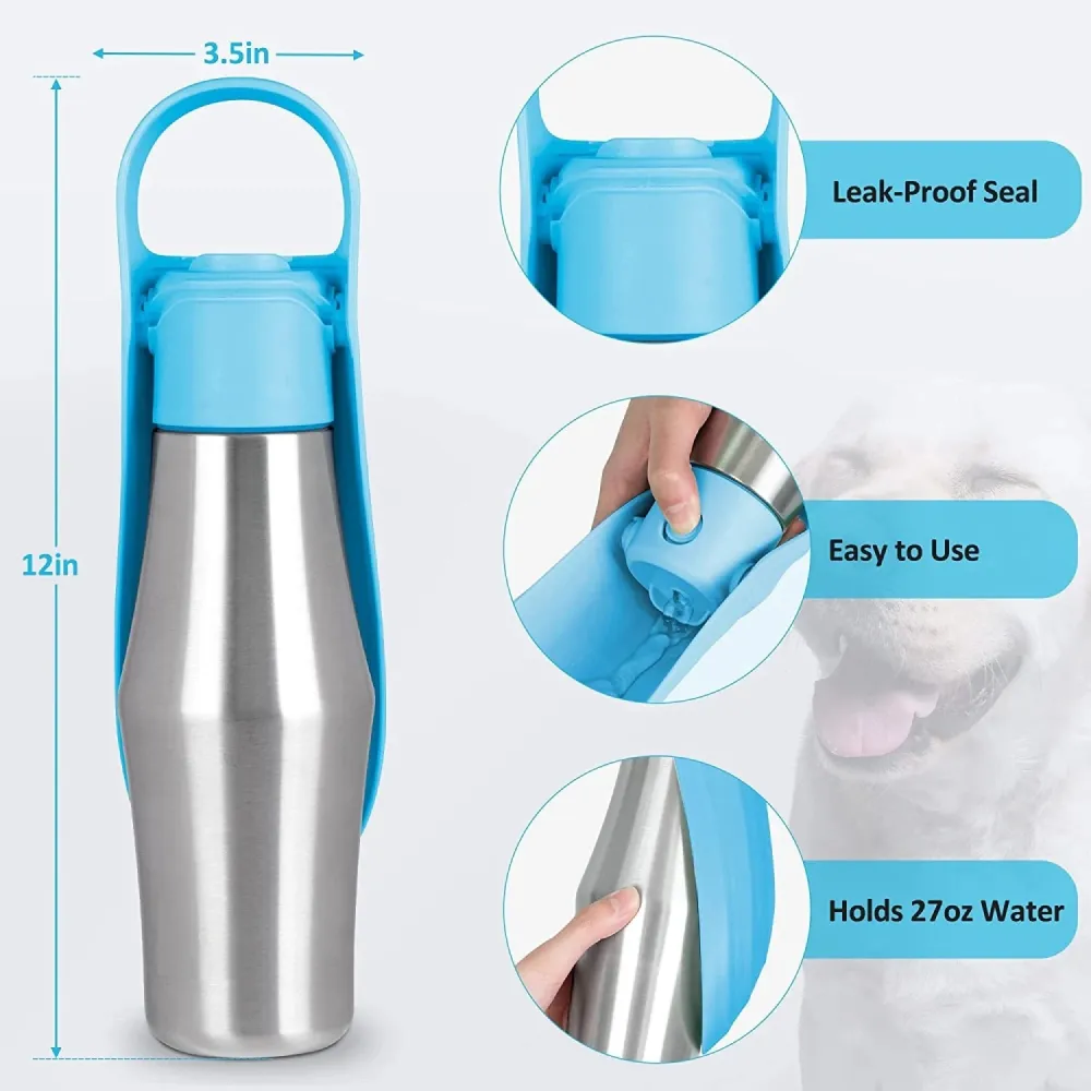 Talking Dog Club Stainless Steel Travel Water Bottle for Dogs (Blue)