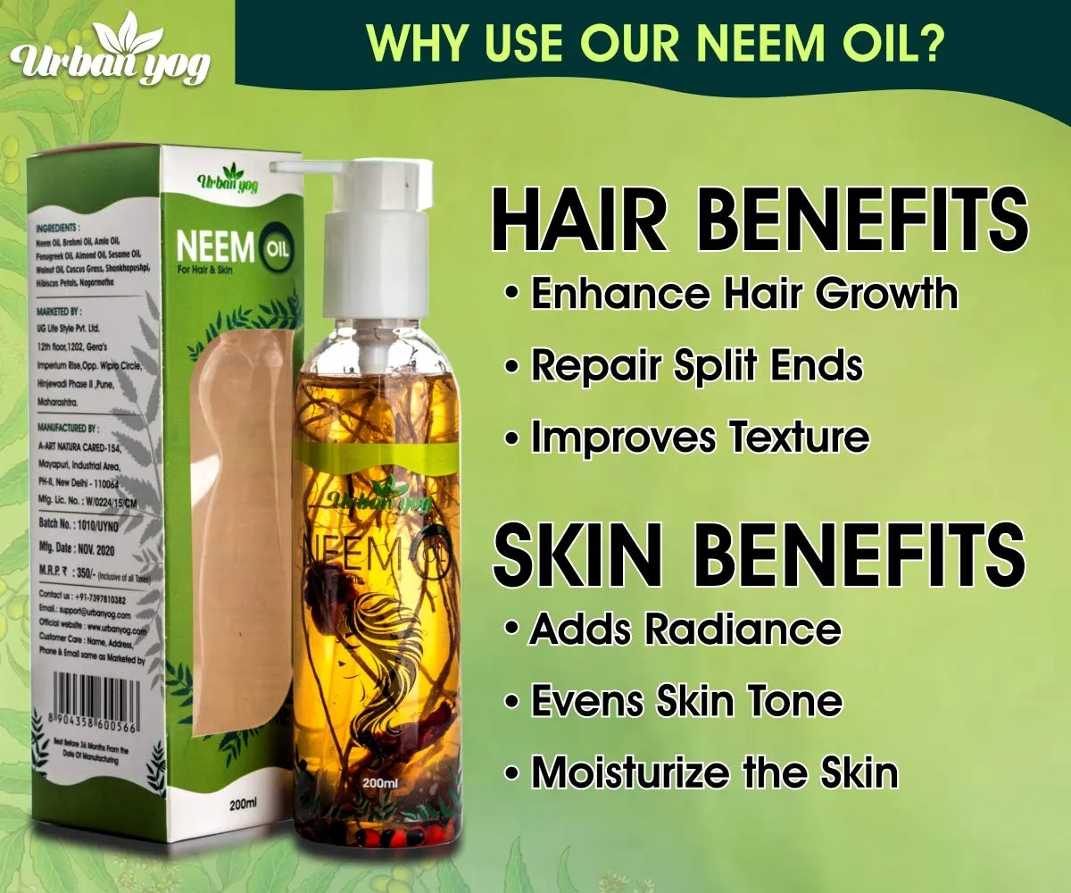 Urban yog Ayurvedic jadibuti Neem Oil for Hair, Face & Skin Enhance Growth for Dry and Damaged Hair, Best Skin Moisturizer with Herbs for a Lice Free, Healthier Scalp and Acne-Prone Skin, 200ml